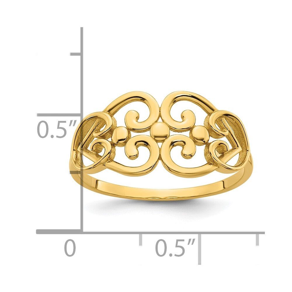 14K Yellow Gold Polished Cut Out Fancy Hearts Design Ring Size 7