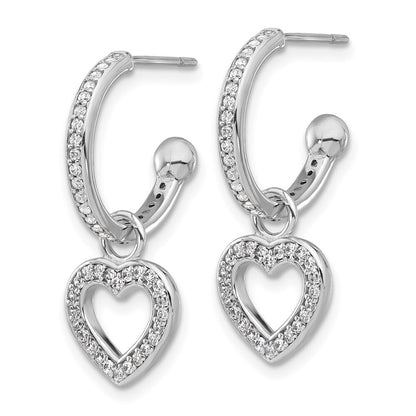 Sterling Silver Rhod-plated Polished Cubic Zirconia Dangle Heart Hoop Earrings