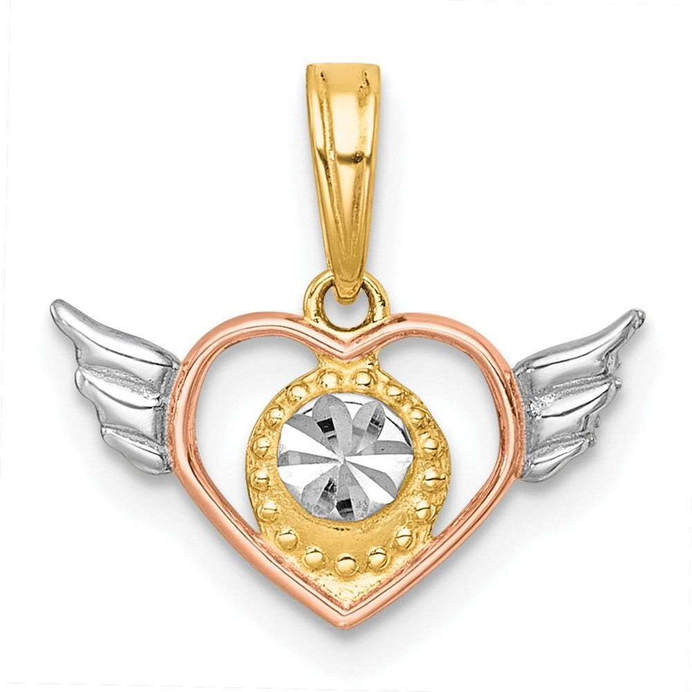 14k Yellow Gold with White Rhodium and Rose-tone Heart With Wings Charm