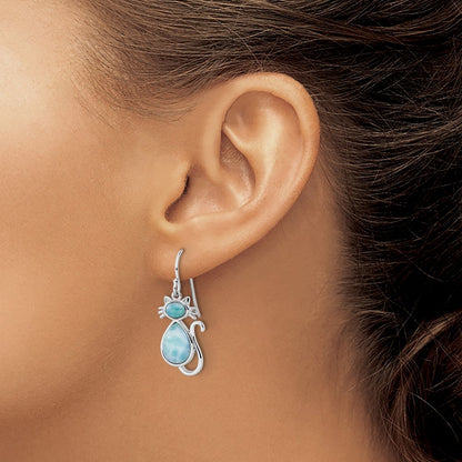 Sterling Silver Rhodium-plated Polished Larimar Cat Dangle Earrings