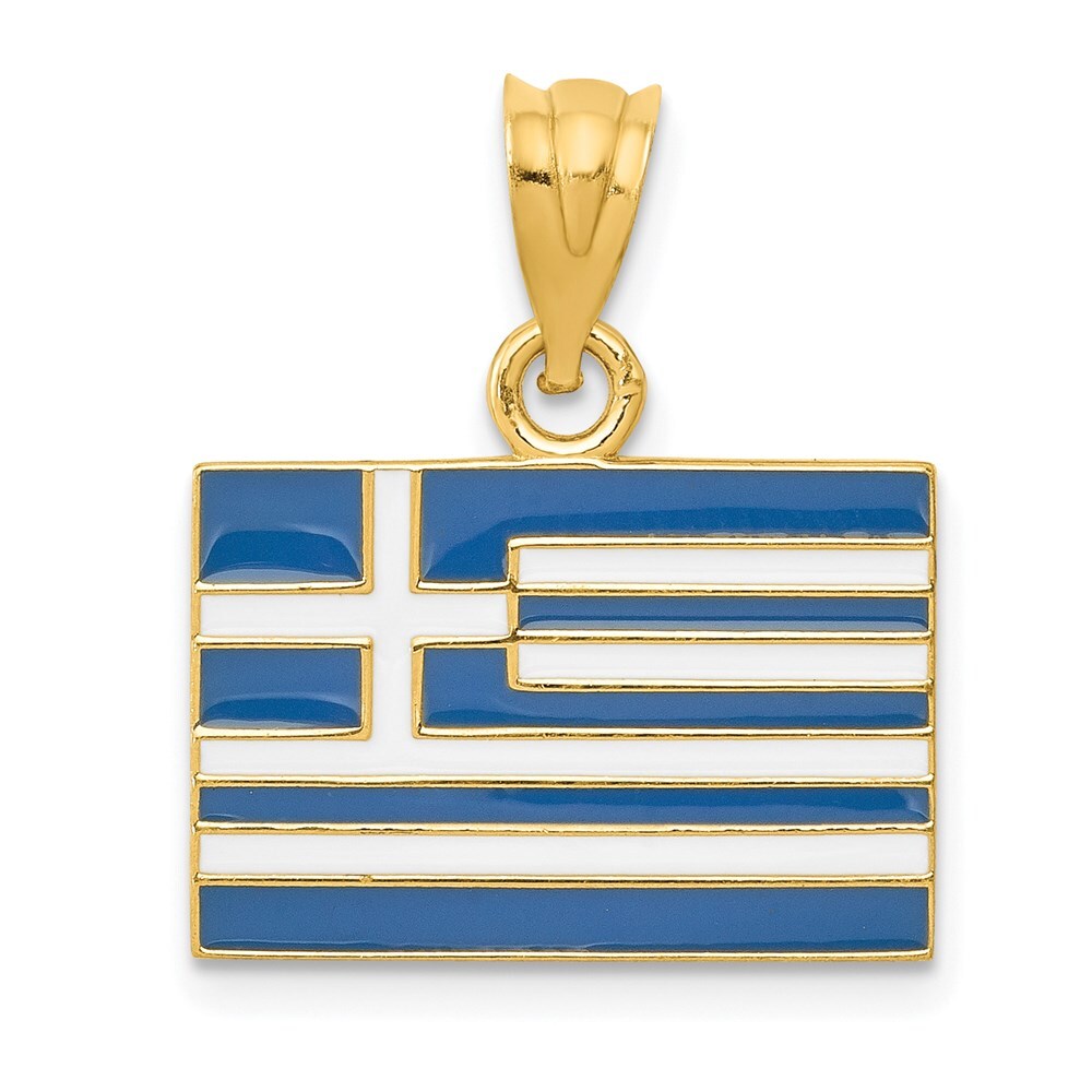 14k Yellow Gold Solid Enameled Greece Flag Pendant for Women