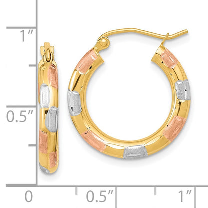 14k Yellow Gold White and Rose Rhodium Polished Satin Diamond-cut Hoop Earrings