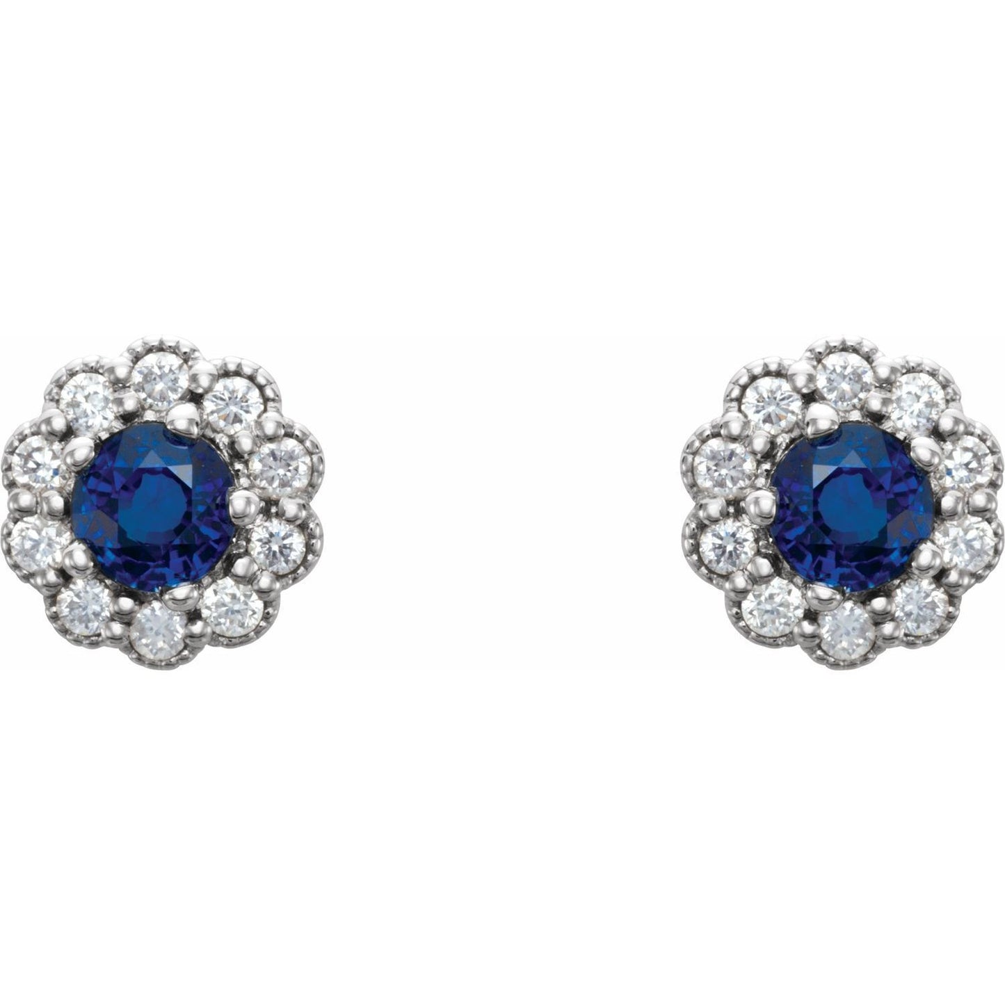 14k White Gold 3.2 mm Blue Sapphire and 1/8 CTW Diamond Stud Earrings