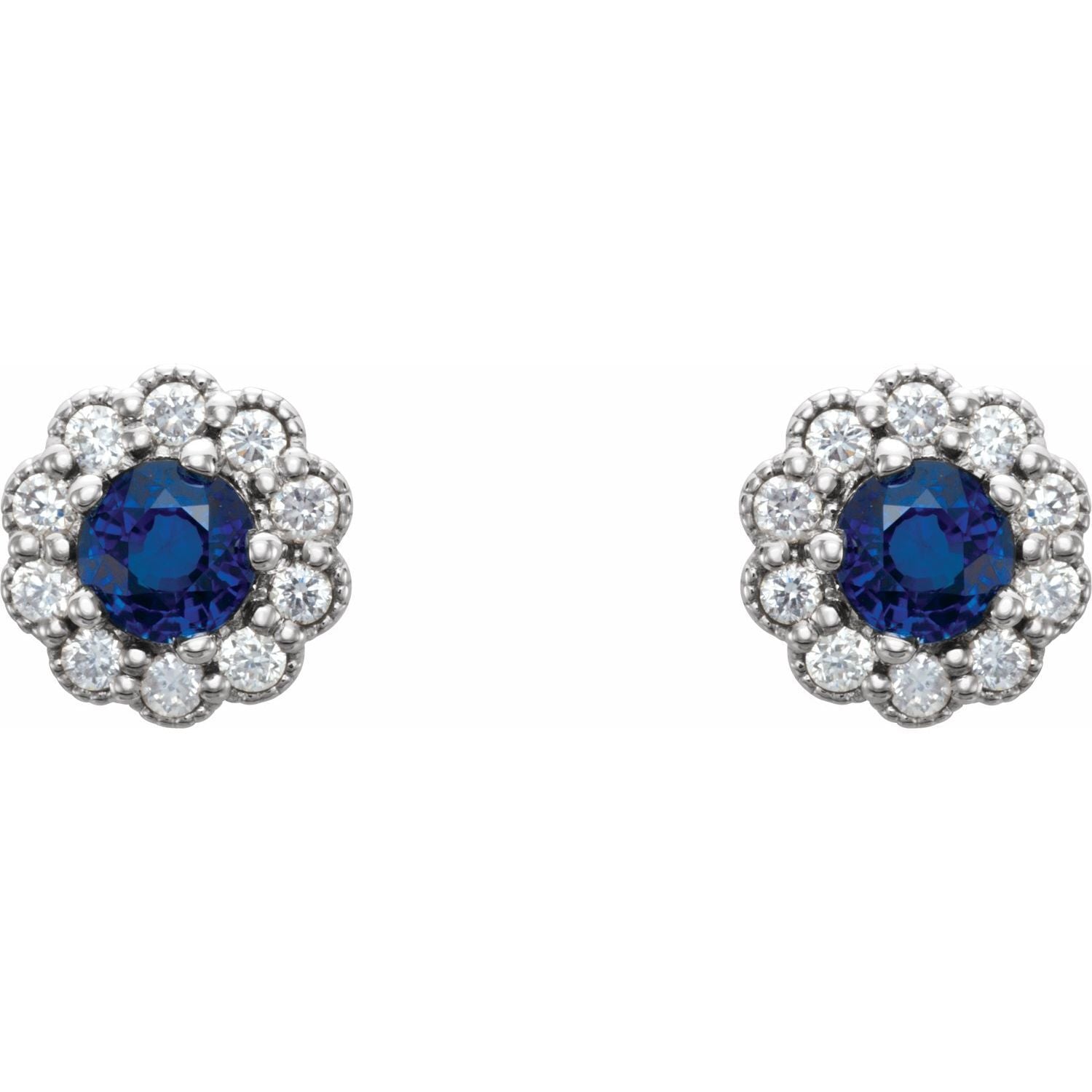 14k White Gold 3.2 mm Blue Sapphire and 1/8 CTW Diamond Stud Earrings