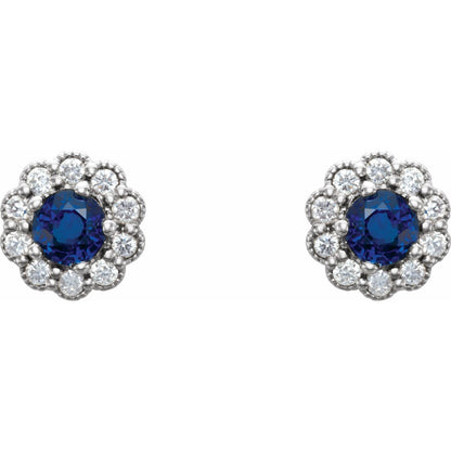 14k White Gold 3.2 mm Blue Sapphire and 1/8 CTW Diamond Stud Earrings