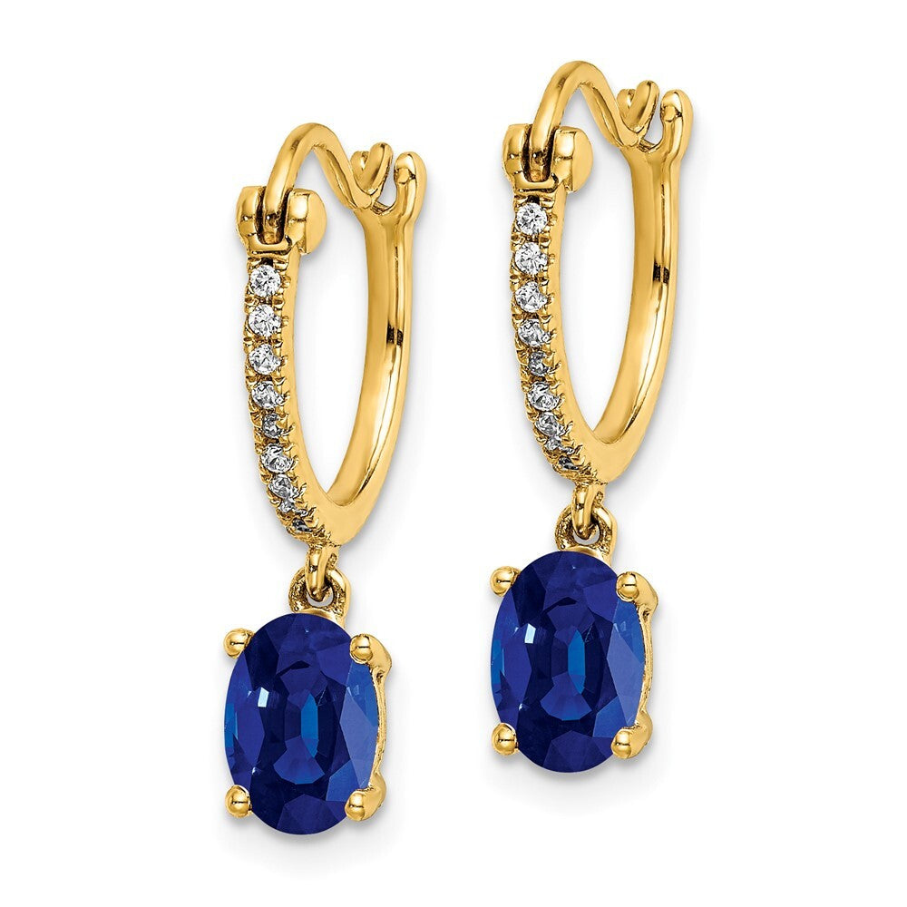 14k Yellow Gold 1/10ct Diamond and Sapphire Dangle Hoop Earrings