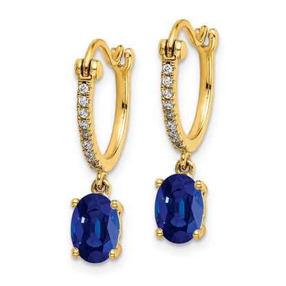 14k Yellow Gold 1/10ct Diamond and Sapphire Dangle Hoop Earrings