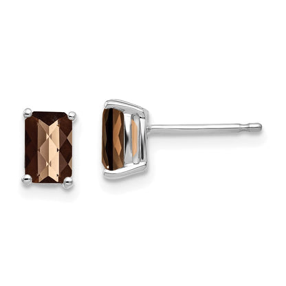14k White Gold 6x4mm Octagon Checker-Cut Smoky Quartz Stud Earrings