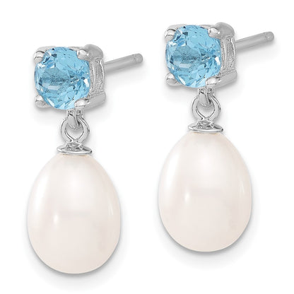 Sterling Silver 7-8mm Freshwater Cultured Pearl & Blue Topaz Dangle Earrings