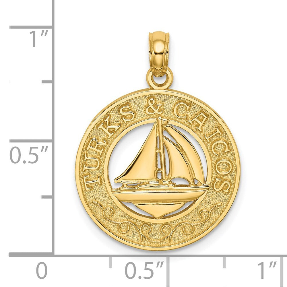 14k Yellow Gold TURKS AND CAICOS Circle  Sailboat Charm Pendant for Women