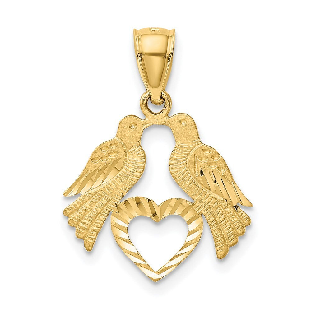 14k Yellow Gold Polished Diamond-cut Love Birds with Heart Pendant for Women