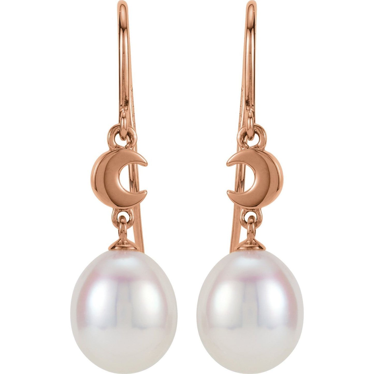 14k Rose Gold Cultured White Freshwater Pearl Crescent Moon Stud Earrings