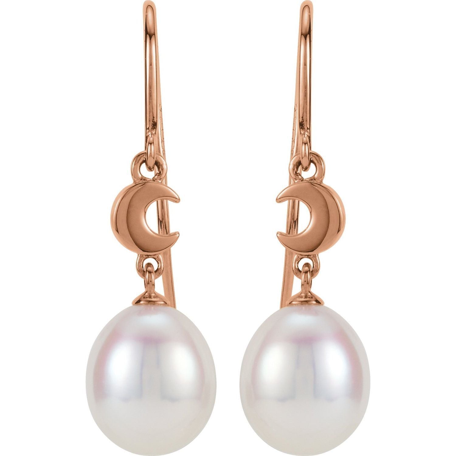 14k Rose Gold Cultured White Freshwater Pearl Crescent Moon Stud Earrings