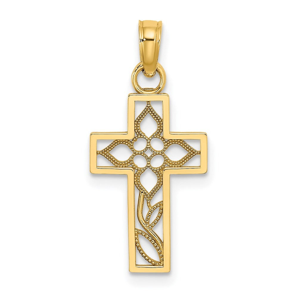 14k Yellow Gold Flower In Cross Charm