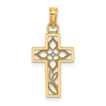 14k Yellow Gold Flower In Cross Charm