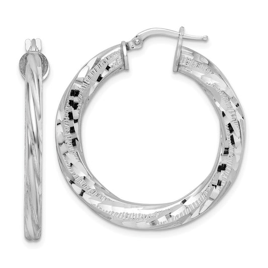 Sterling Silver Rhodium-plated 3x33mm Diamond-cut Twisted Tube Hoop Earrings