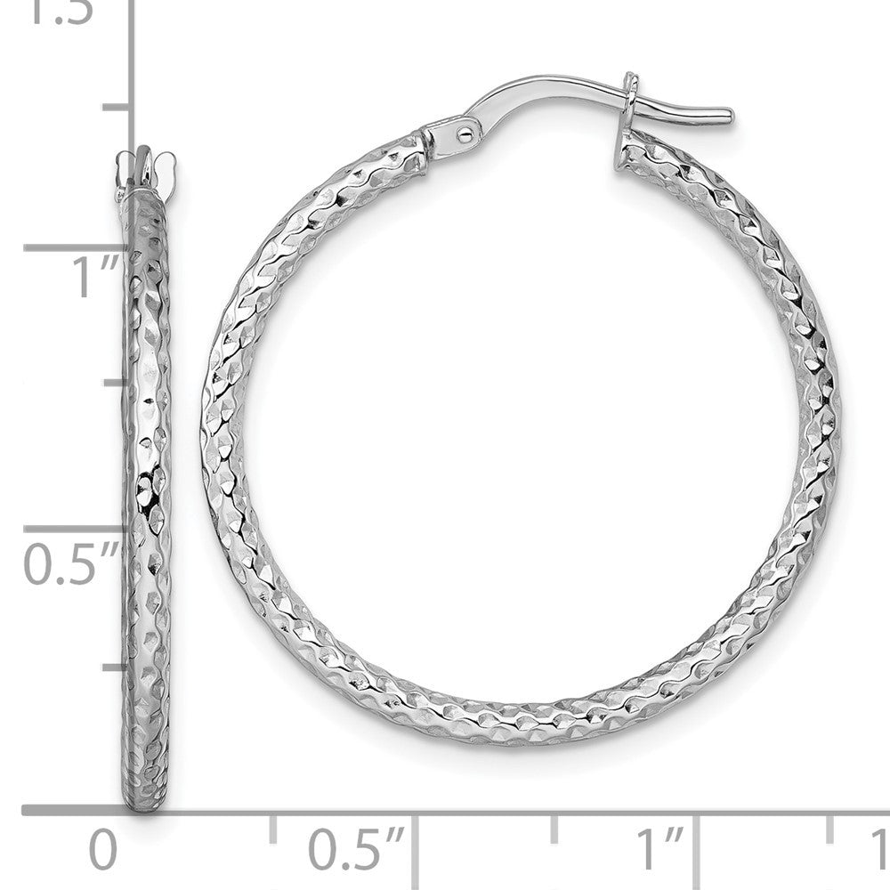 14k White Gold Polished Diamond-cut Textured 2 x 28mm Tube Hoop Earrings
