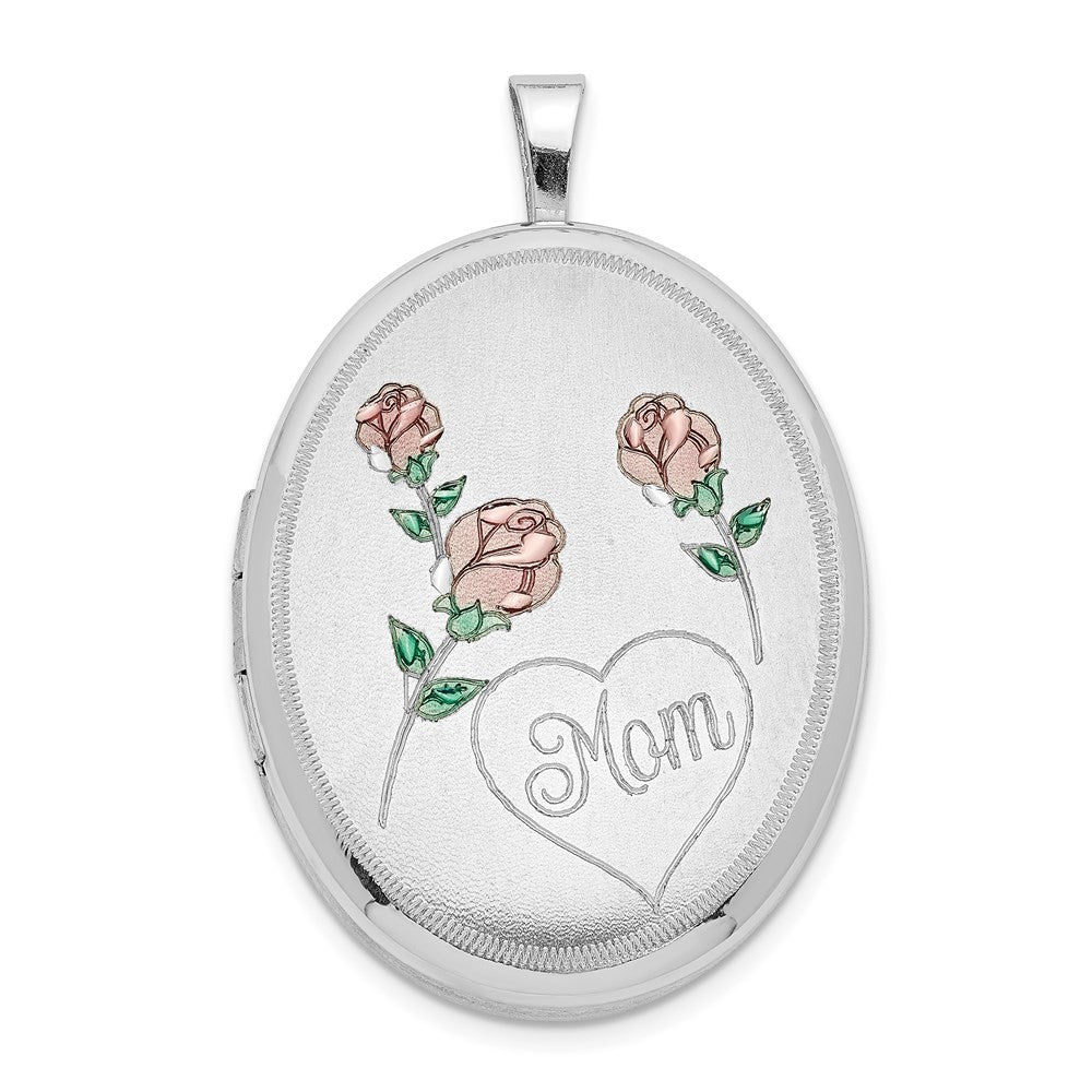 Sterling Silver RH 26mm Satin Polished Enameled Roses Mom Oval Locket