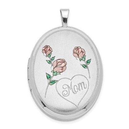 Sterling Silver RH 26mm Satin Polished Enameled Roses Mom Oval Locket