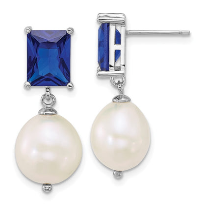 Sterling Silver Semi-Round Cultured Pearl & Blue Cubic Zirconia Dangle Earrings