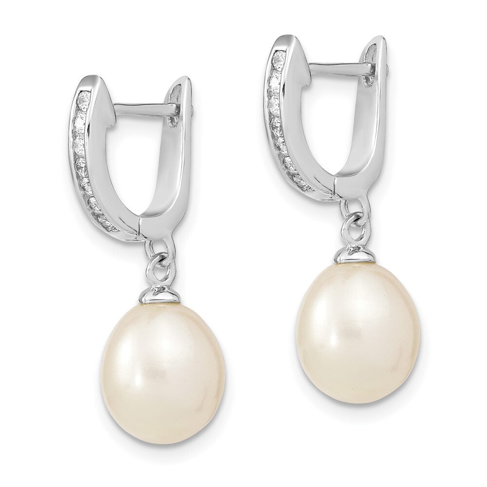 Sterling Silver 8-9mm Rice Cultured Pearl & Cubic Zirconia Dangle Hoop Earrings