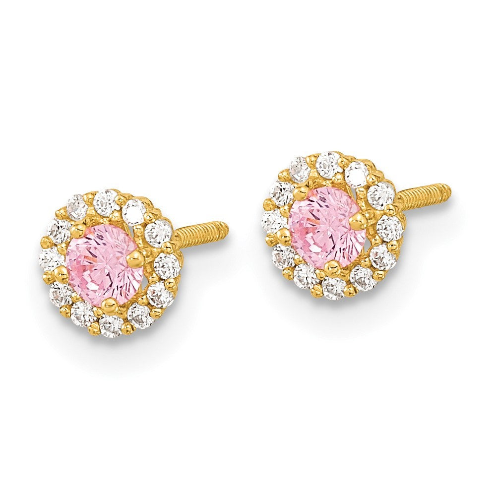 14k Yellow Gold Polished Pink and Clear CZ Screwback Earrings