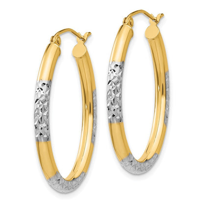 14k Yellow Gold w/ White Rhodium 3mm Diamond Cut Oval Hollow Hoop Earrings