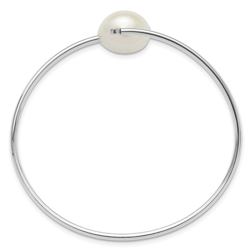 Sterling Silver Rhodium-plated 14mm Cultured Pearl and CZ Flexible Bangle