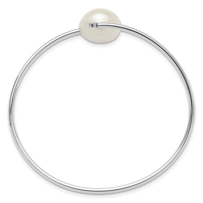 Sterling Silver Rhodium-plated 14mm Cultured Pearl and CZ Flexible Bangle