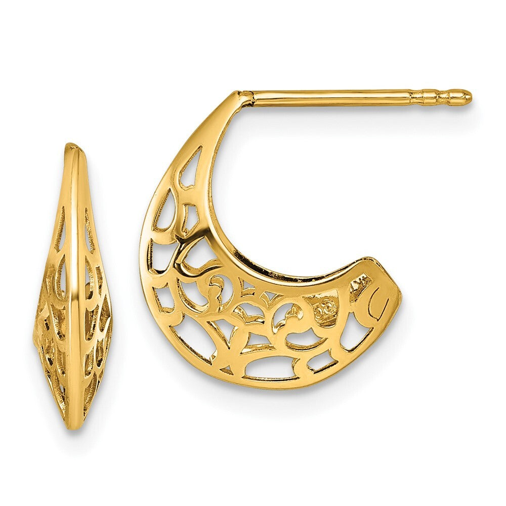 14k Yellow Gold Polished Fancy Cut Out Design J-Hoop Earrings Gift for Women