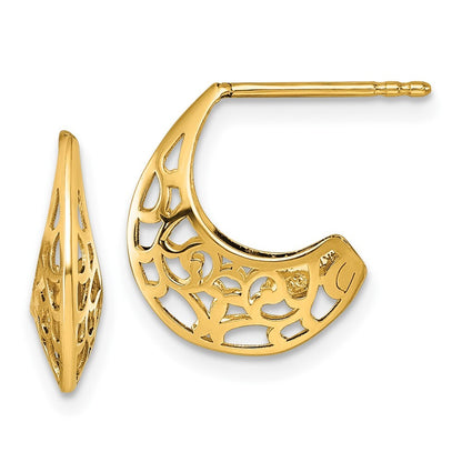 14k Yellow Gold Polished Fancy Cut Out Design J-Hoop Earrings Gift for Women