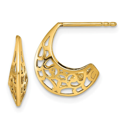 14k Yellow Gold Polished Fancy Cut Out Design J-Hoop Earrings Gift for Women