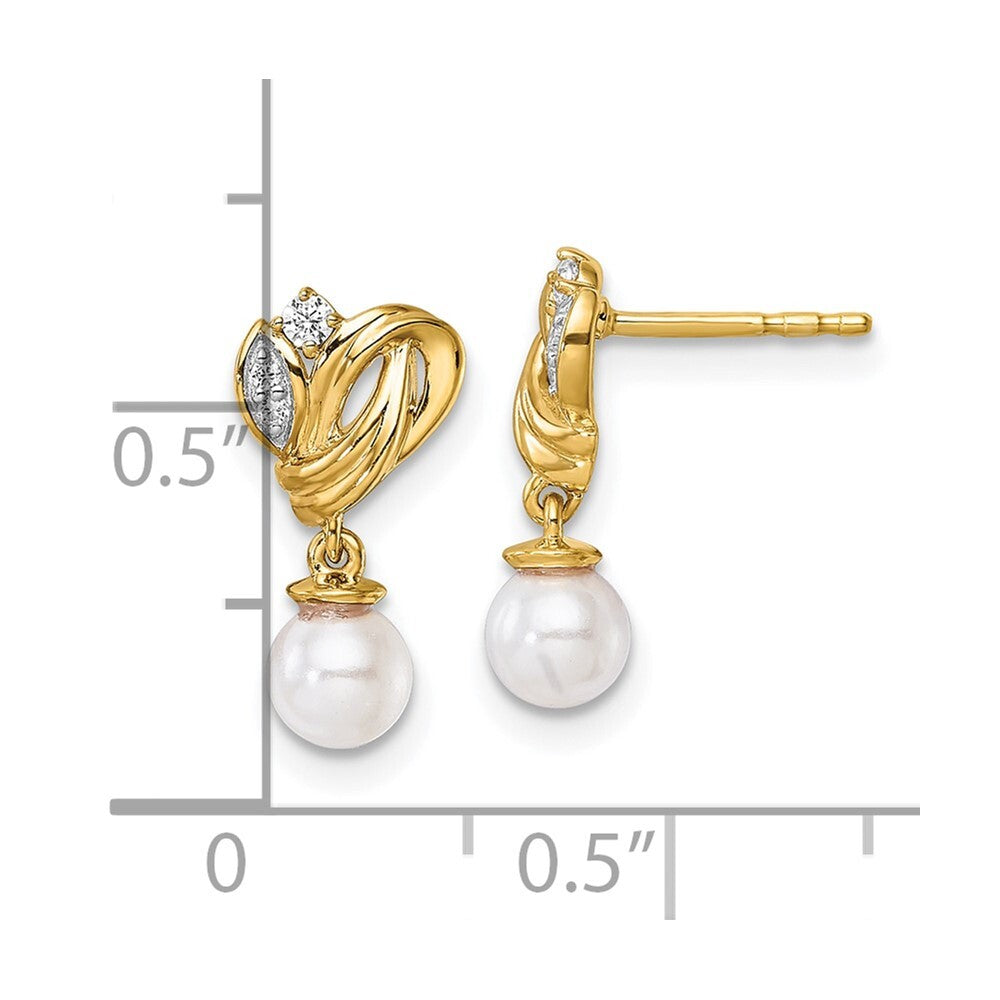 14k Yellow Gold Polished Diamond and Pearl Dangle Earrings