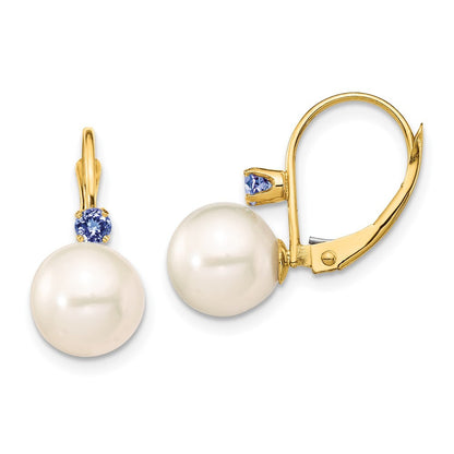 14k Yellow Gold 8-8.5mm Freshwater Cultured Pearl & Tanzanite Leverback Earrings