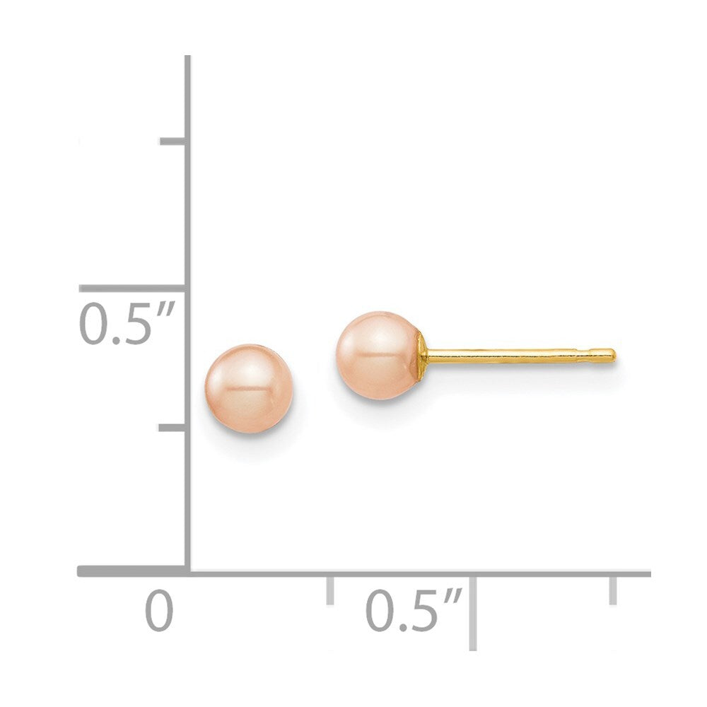 14k Yellow Gold 3-4mm Pink Round Freshwater Cultured Pearl Stud Earrings