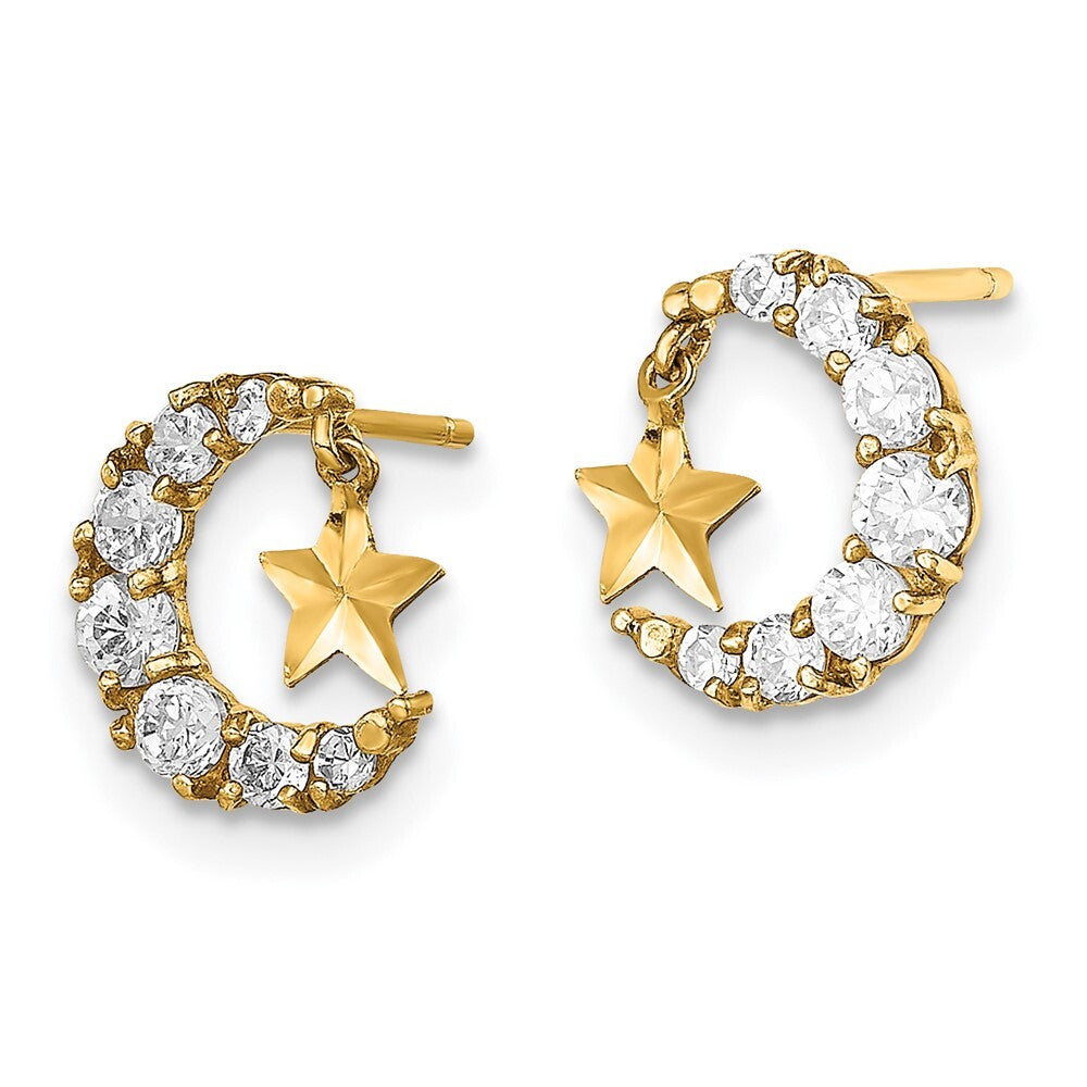 14k Yellow Gold Cubic Zirconia Crescent Moon with D/C Star Dangle Earrings