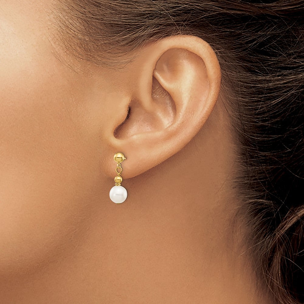 14k Yellow Gold 7-8mm White Semi-round Freshwater Cultured Pearl Dangle Earrings
