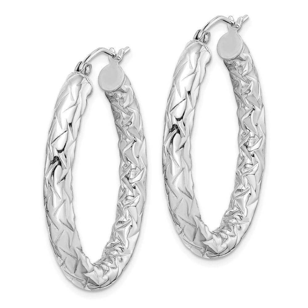 Sterling Silver RH-plated Diamond-cut Textured 4mm Oval Hoop Earrings