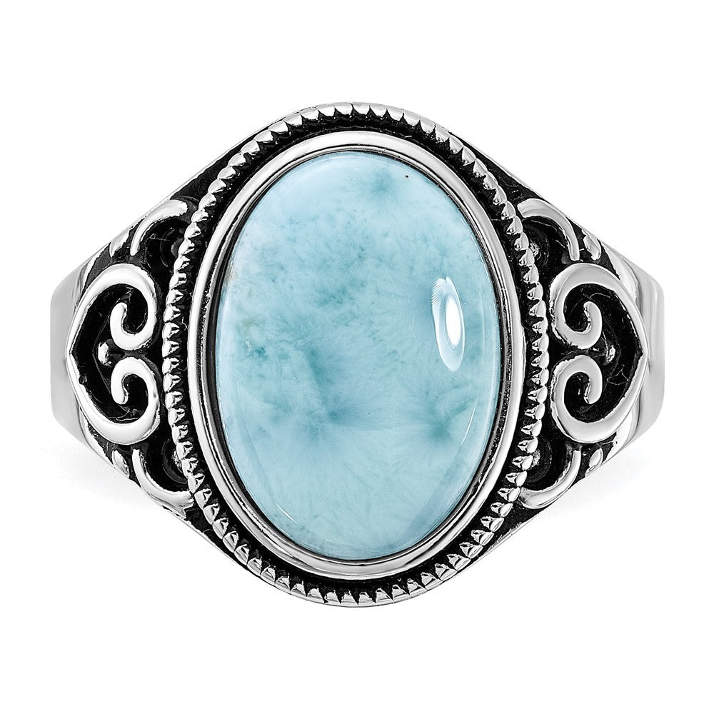 Sterling Silver Rhodium-plated Oxidized with Larimar Ring