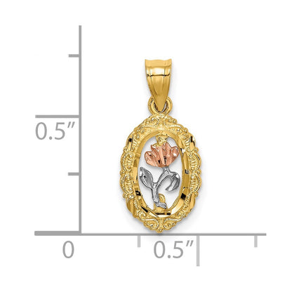14K Two-tone with White Rhodium Rose In Oval Frame Charm