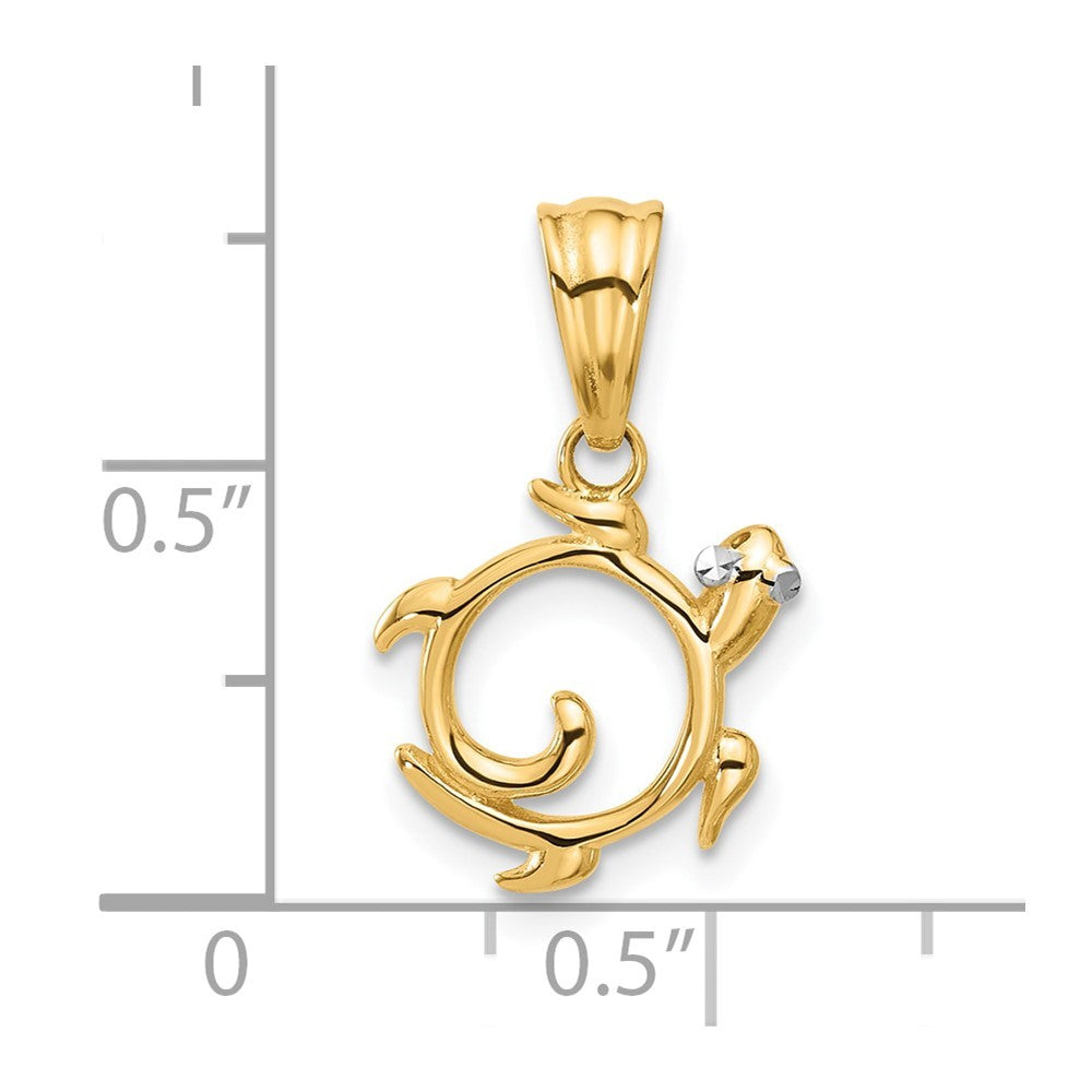 14k Yellow Gold with White Rhodium Diamond Cut Swirl Turtle Pendant