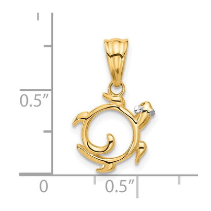 14k Yellow Gold with White Rhodium Diamond Cut Swirl Turtle Pendant