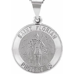 14k White Gold 18 mm Round Hollow St. Florian Medal Pendant