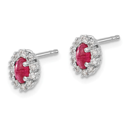 14k White Gold Diamond and Ruby Oval Halo Earrings