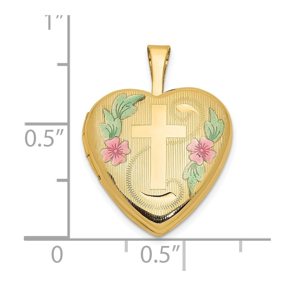 14k Yellow Gold 16mm with Enamel Floral Cross Heart Locket for Women
