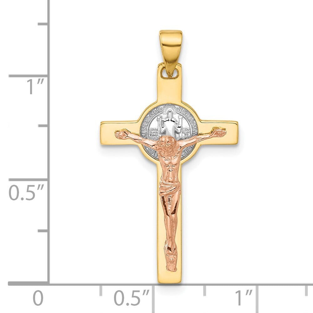 14k Two-tone Gold with White Rhodium Crucifix and St Benedict Pendant