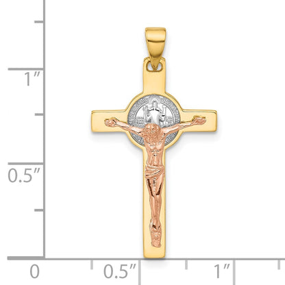 14k Two-tone Gold with White Rhodium Crucifix and St Benedict Pendant