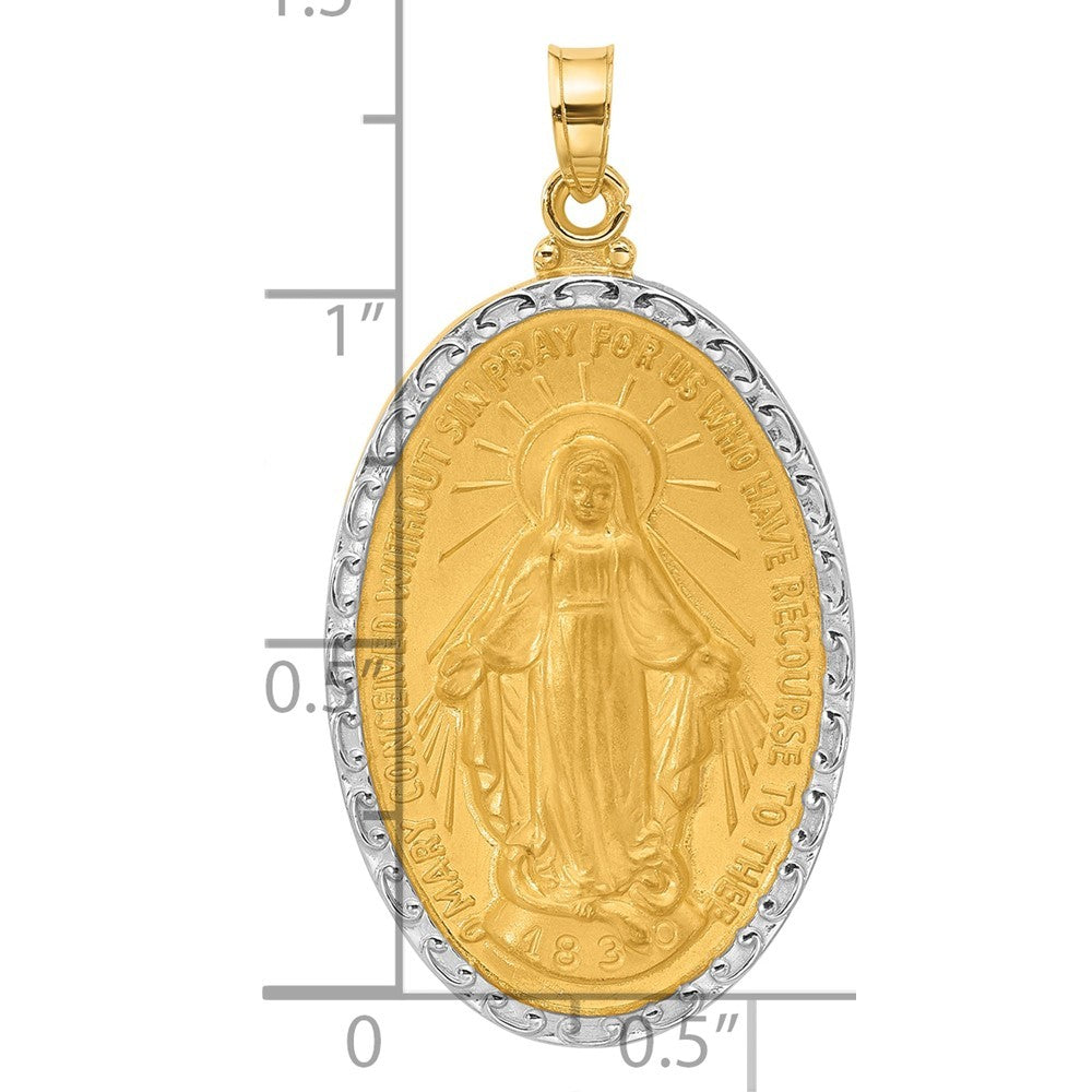 14k Yellow Gold with Rhodium Satin Polished Miraculous Medal Solid Oval Pendant