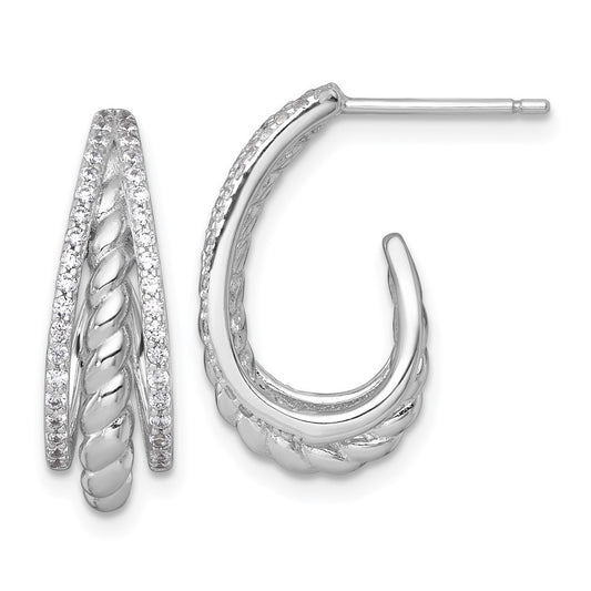 Sterling Silver Polished and Twisted CZ Triple J-Hoop Earrings