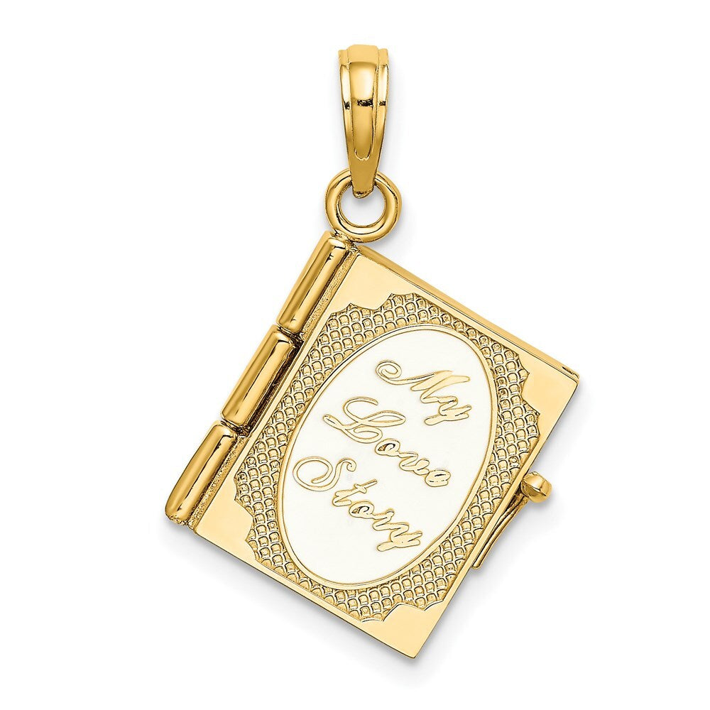 14k Yellow Gold Enameled 3D Moveable MY LOVE STORY Book Pendant for Women